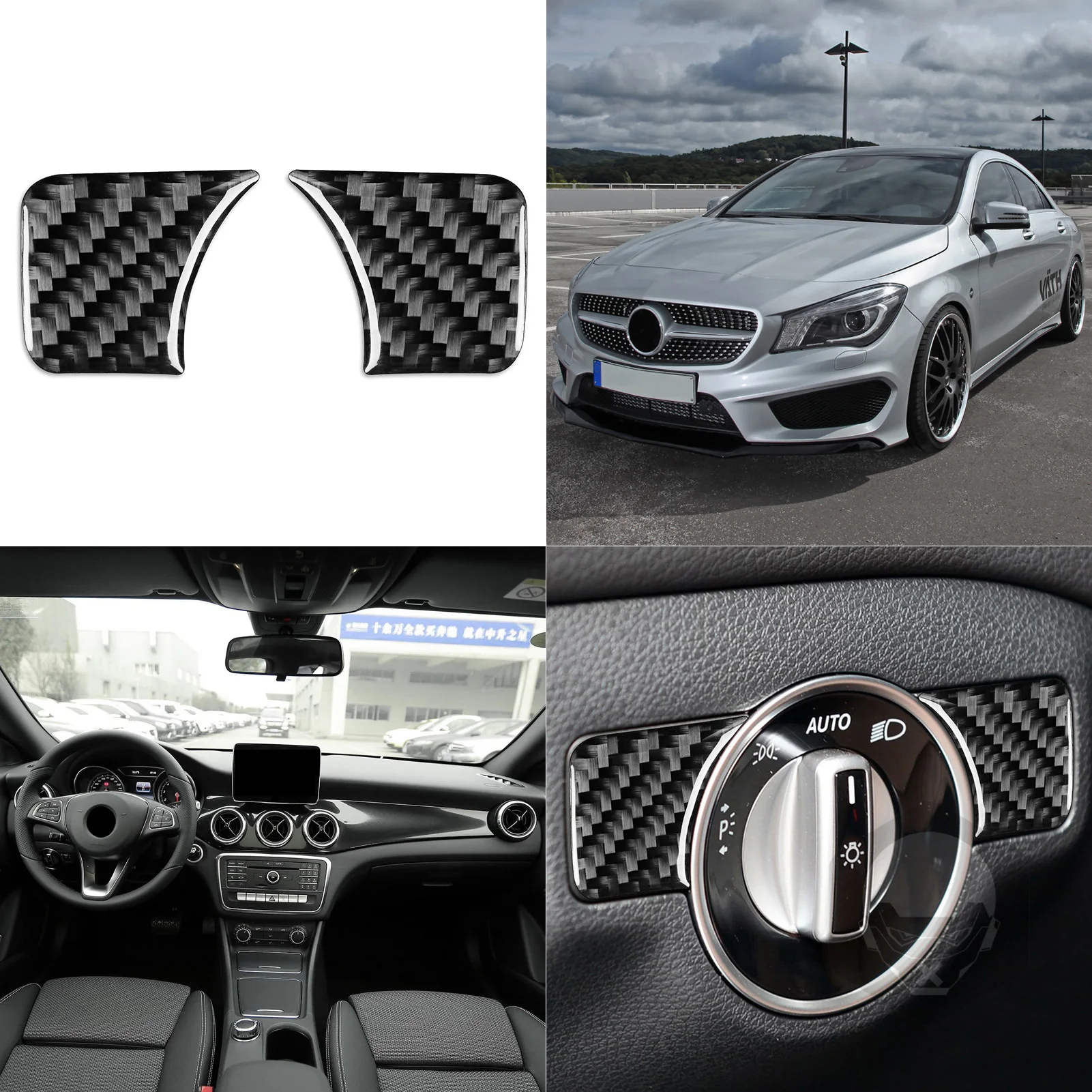 For Mercedes-Benz CLA C117 2014-2018 GLA X156 2015-2019 Carbon Fiber Car Accessories Sticker Dim Light Knob Button Cover Trim