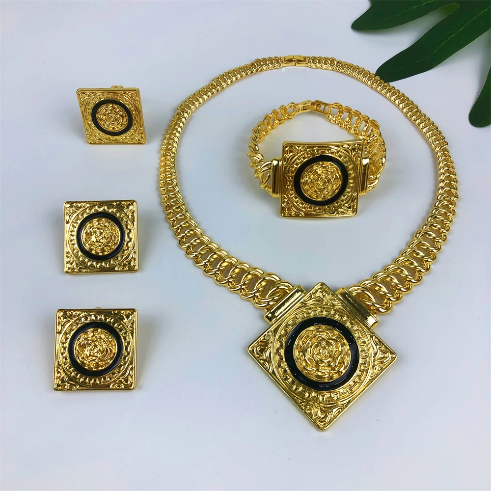 TITI Dubai Luxury Jewelry Set for Women 18K Gold Plated Necklace Bracelet Ring Earrings Classic Daily Wear Party Gift