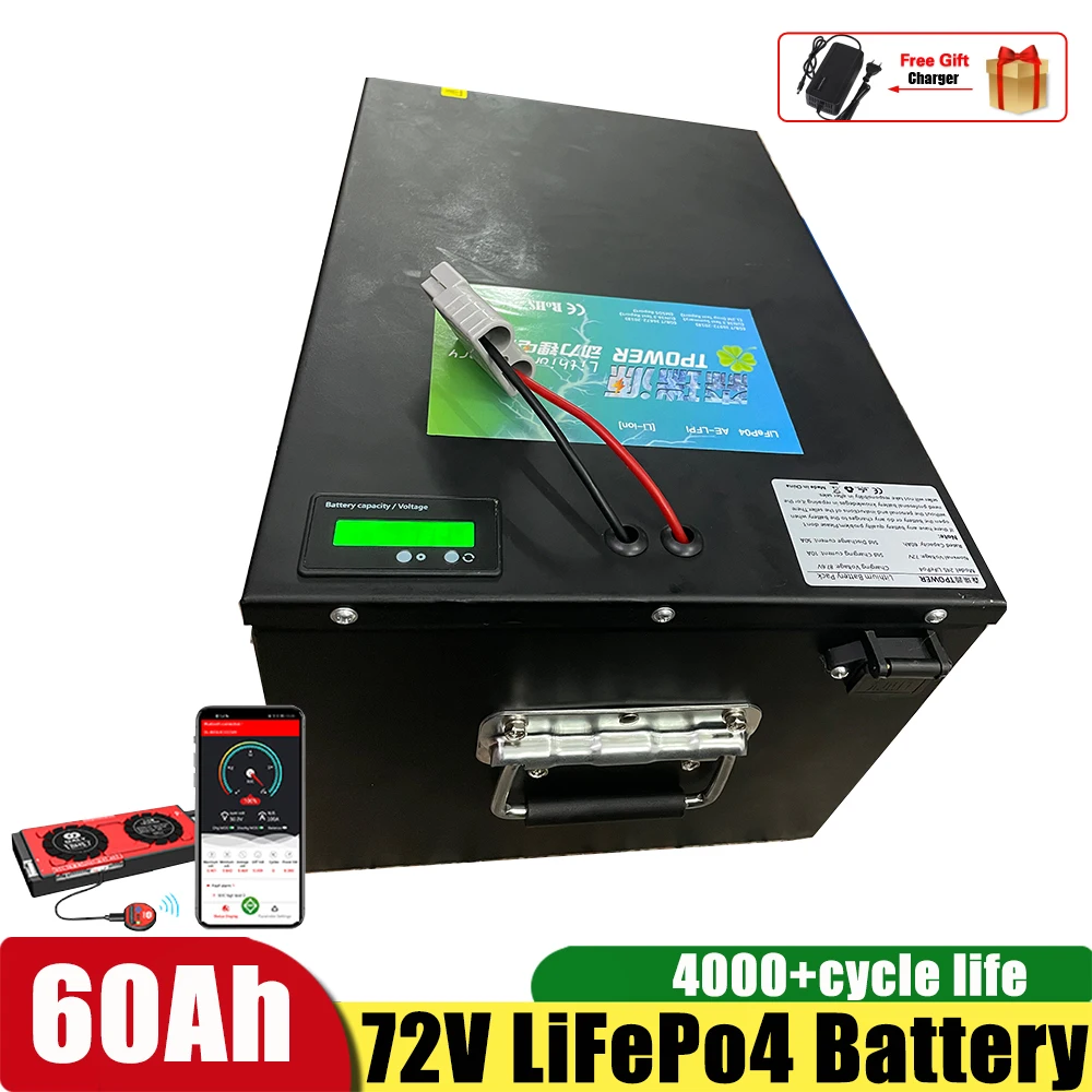 5000W 72 Volt Lifepo4 Battery Pack 50Ah 60Ah Lithium Iron Batteria For Ebike Scooter Motorcycle Battery Pack+ 10A Charger