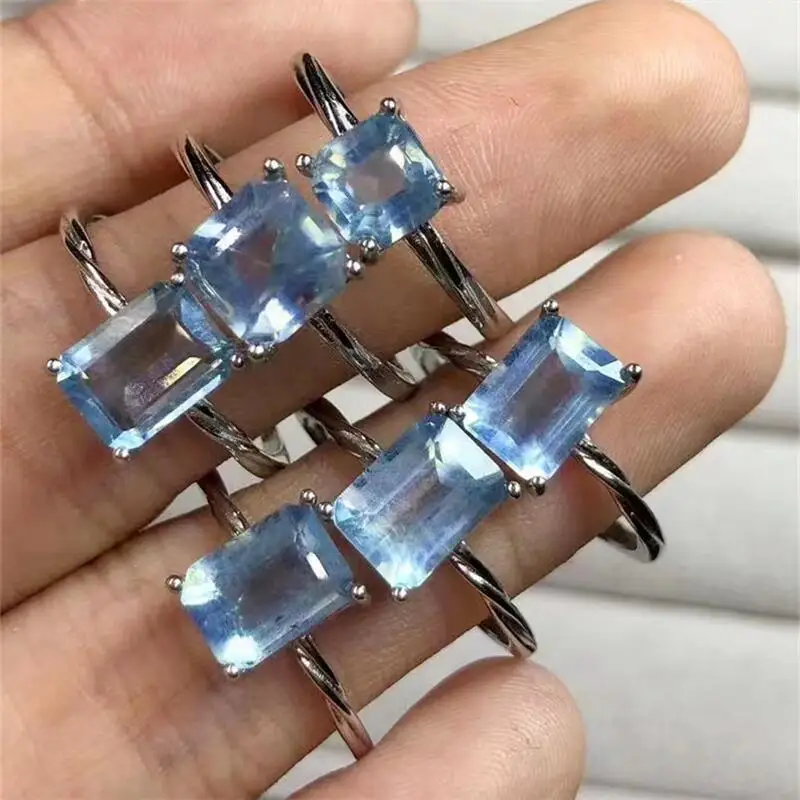 

Natural Aquamarine Faceted Ring Crystal Trendy Creative Finger Mature Charm Jewelry For Girls Healing Party Gift 1PCS