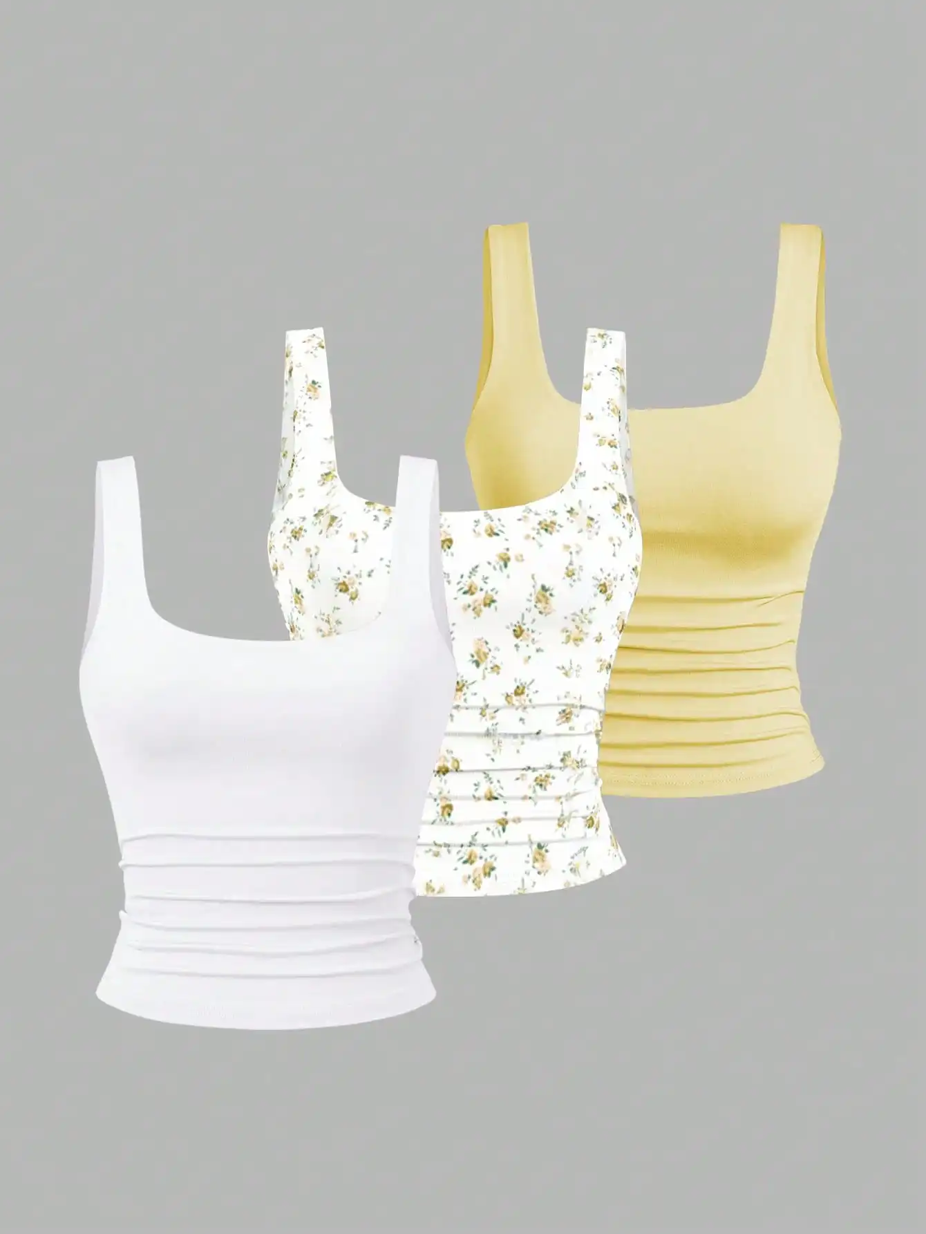 

Women's Ruched Square Neck Camisole Top, Summer Casual Tank in Solid & Floral Prints