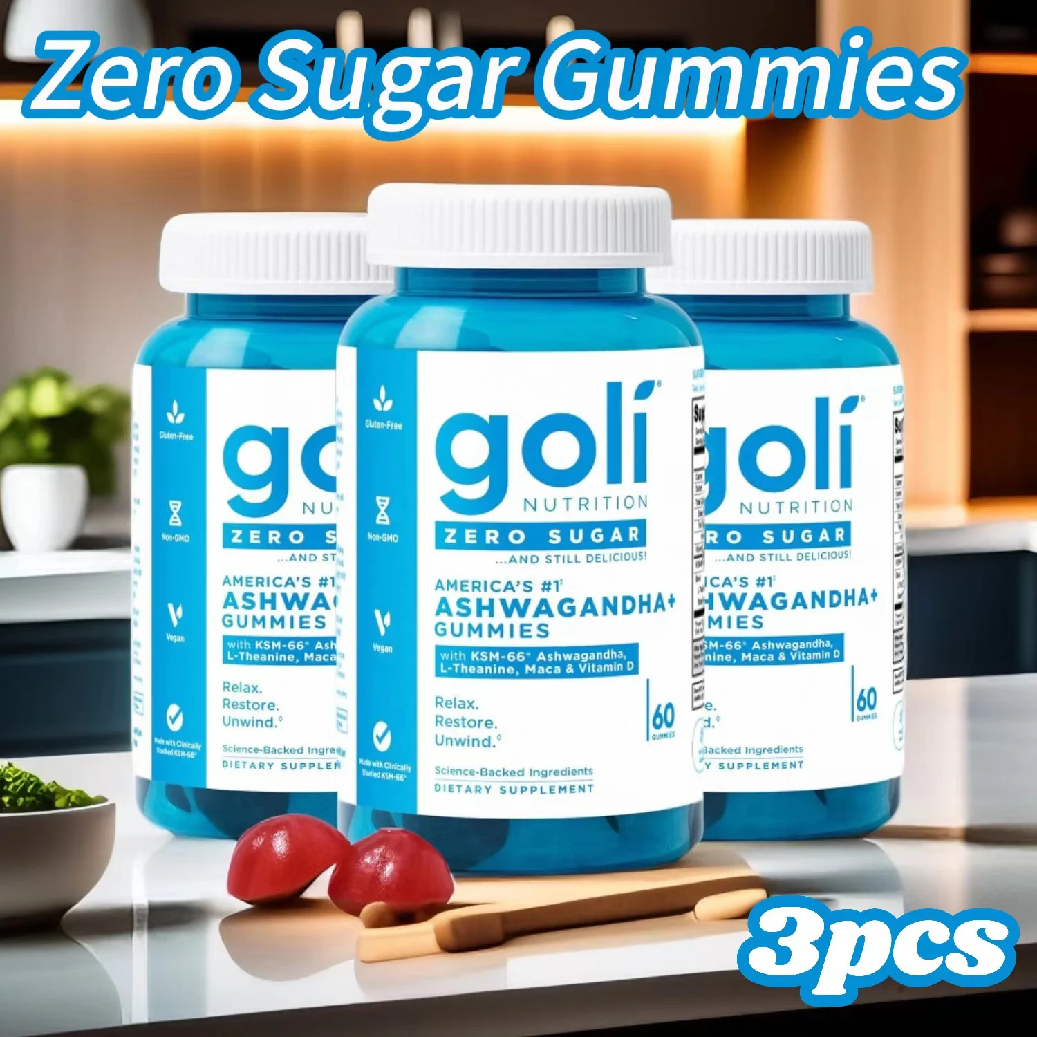 

JP Zero Sugar Ashwagandha & Vitamin D, Maca, L-Theanine Gummies, No Artificial Sweeteners, No Sugar Alcohols. Mixed Berry, KSM