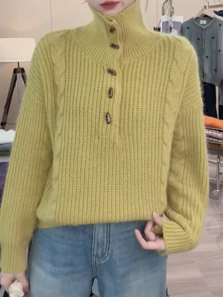 

Korean Sle High Collar Knitted Sweater with Horn Buttons Versatile Ele Slimming Large Size Autumn Winter New Arrival