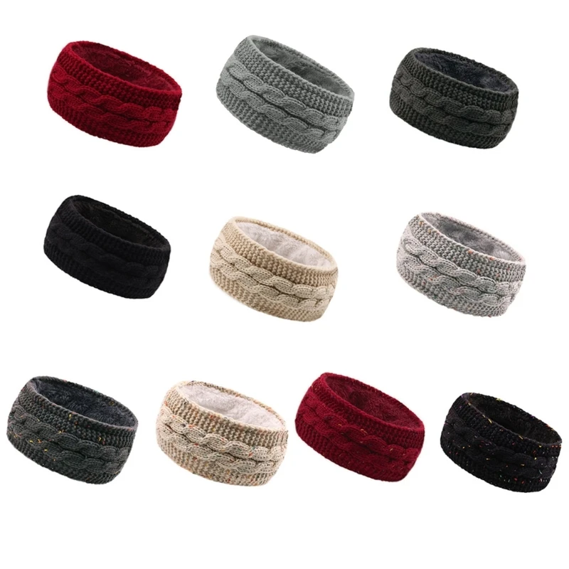 Q39C Knitted Winter Warm Hairbands Elastic Fleece Lined Headbands Ear Warmers Wide Turban Soft Head Wrap Outdoor Accessories