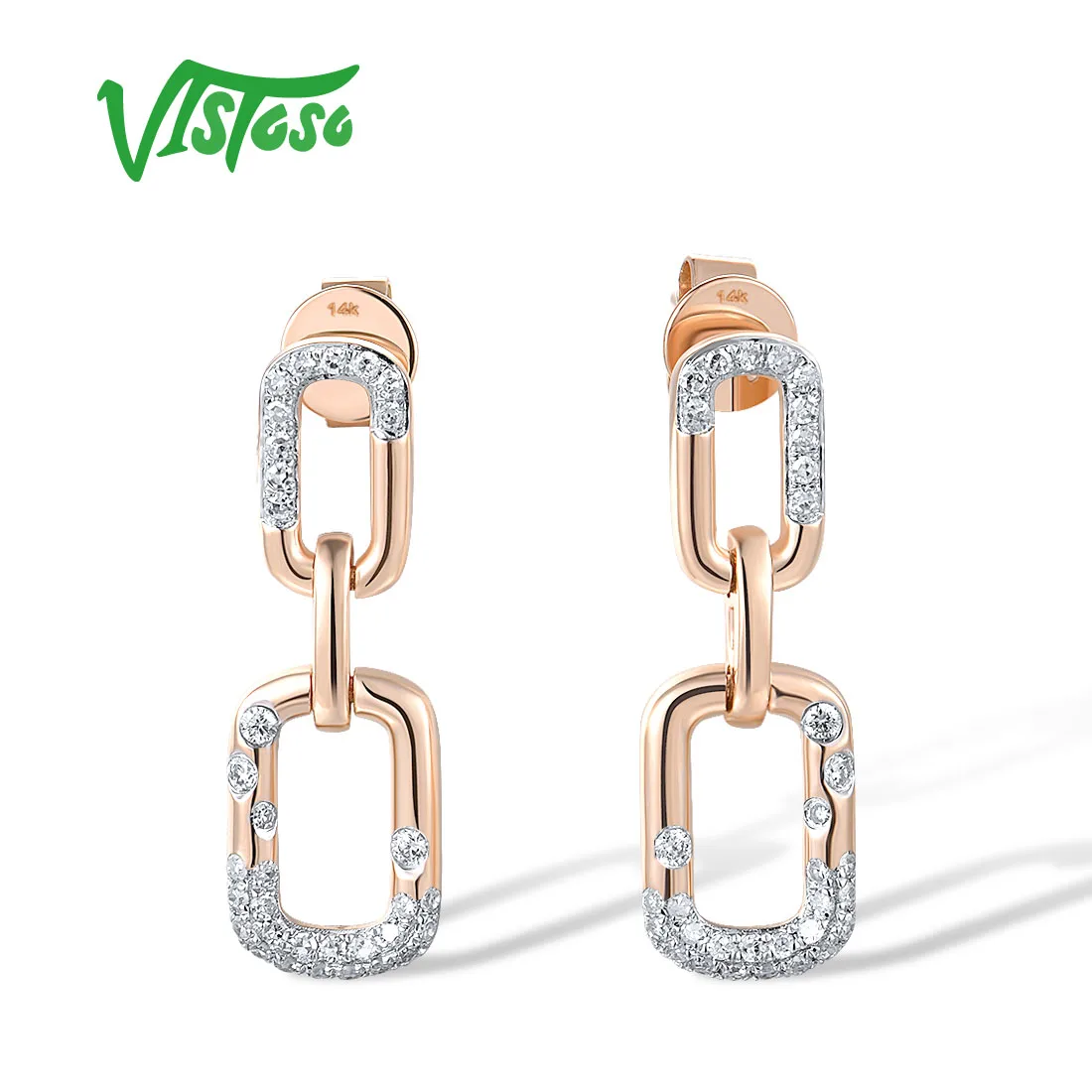 

VISTOSO Authentic 14K 585 Rose Gold Stud Earrings For Women Sparkling Diamonds Dangling Rectangle Modern Fine Chic Jewelry