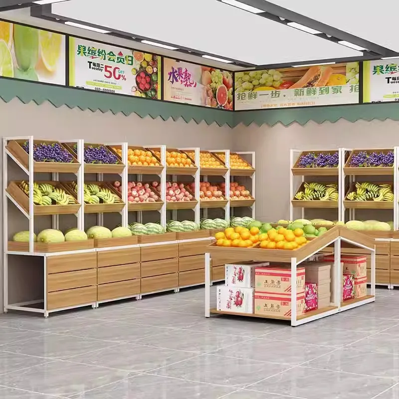 Fresh supermarket fruit shelf display rack vegetable shelf store frame steel wood fruit and vegetable shelf
