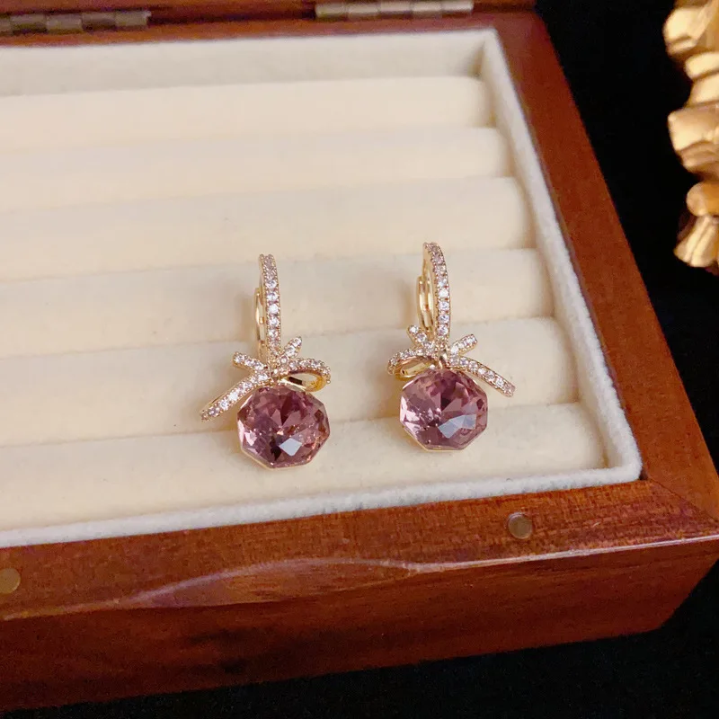 French Luxury Bow Square Zircon Earrings Delicate Shiny Crystal Hoop Earrings Minimalist High Grade Fashion Ear Jewelry Women