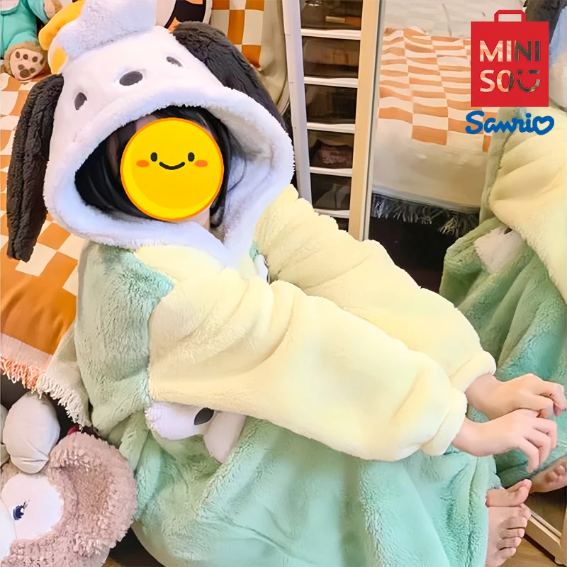 MINISO Pochacco Children Pajamas Kawaii Hooded Loungewear Cartoon Comfortable House Clothing Set Cute Winter Warm Girls Pajama