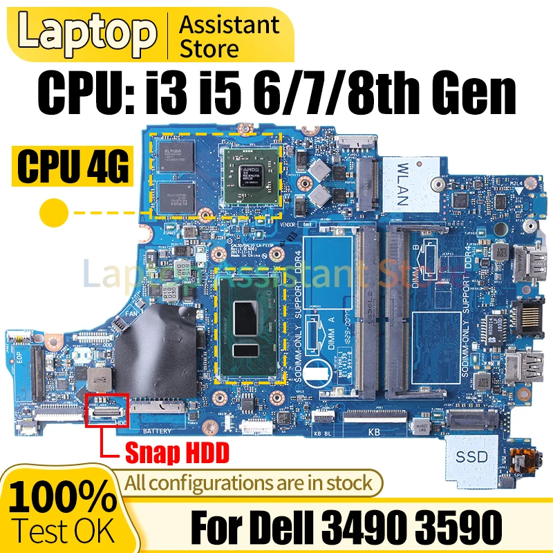 

For Dell 3490 3590 Laptop Mainboard LA-F115P 0F093X 0K6KNT 0P6JPD 09XJTY 0Y8YF0 0N7Y27 i3 i5 6/7/8th Gen Notebook Motherboard