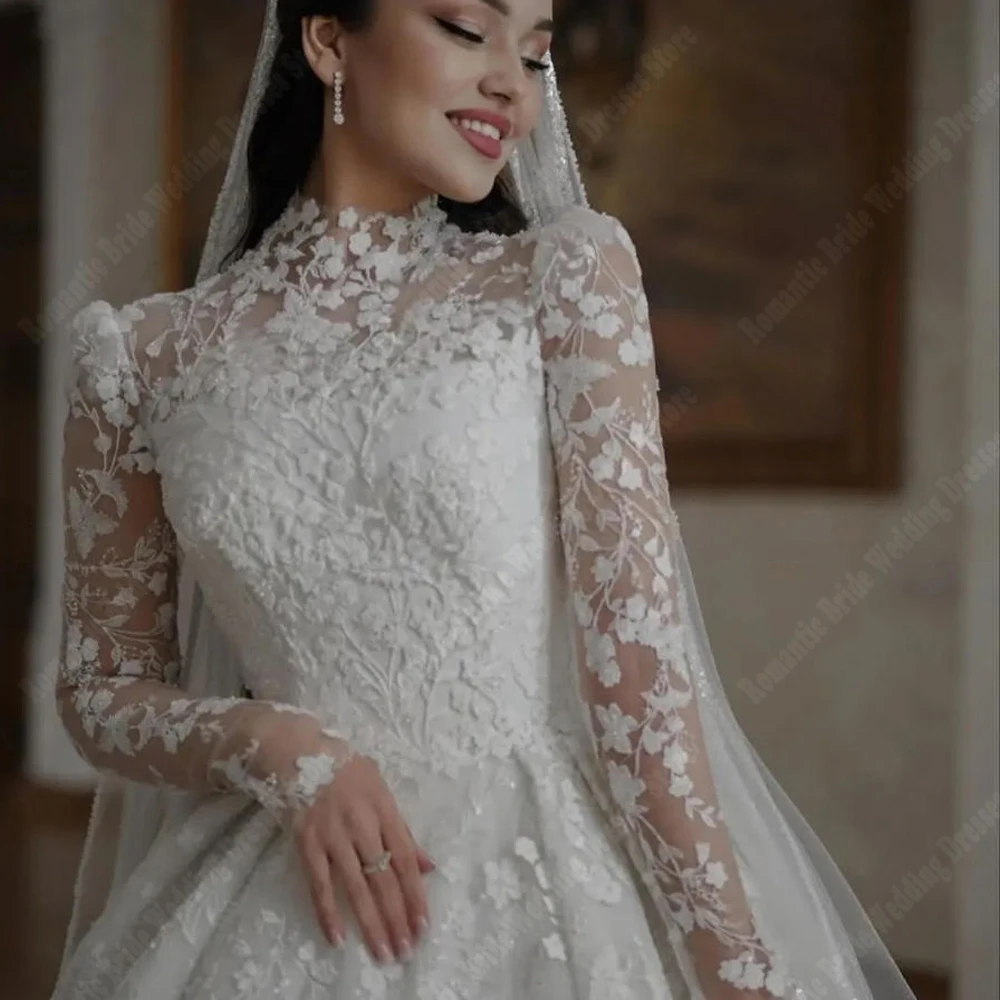 Luxus Langarm Frauen Brautkleider Romantische High Neck A-Line Applikationen Brautkleider Prinzessin Vestidos De Novias Angepasst