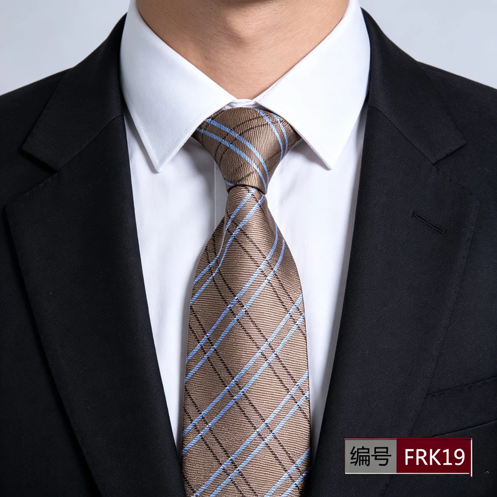 Men 8cm Elegant Plaid Check Jacquard Necktie Warm Taupe Brown Base Bright Blue‑White Diagonal Grid Pattern Stylish Dress Tie