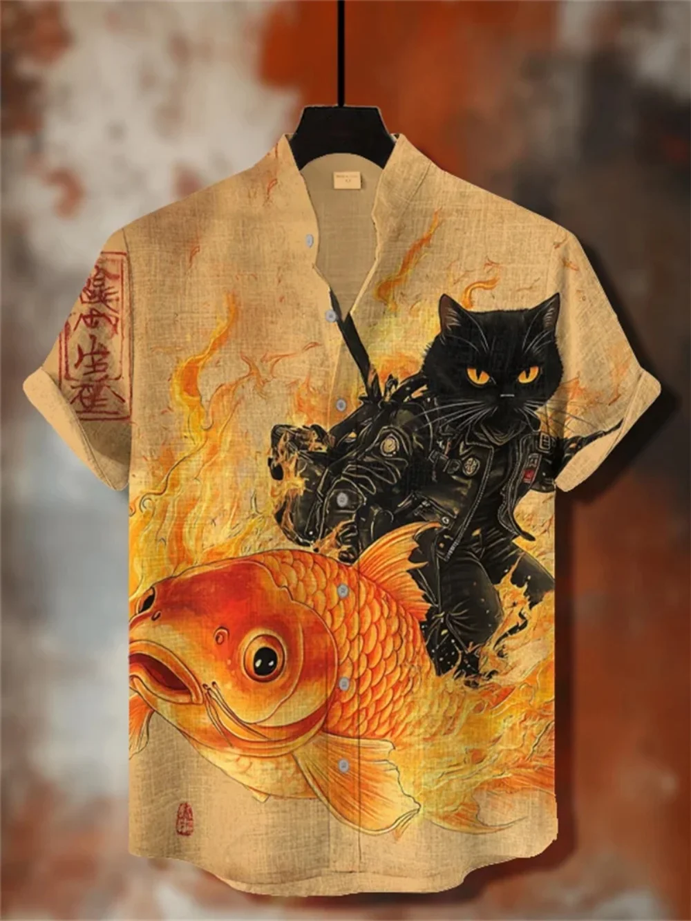 

Мужская рубашка с коротким рукавом с принтом, модная повседневная уличная дышащая льняная рубашка с воротником-стойкой для социальных вечеринок