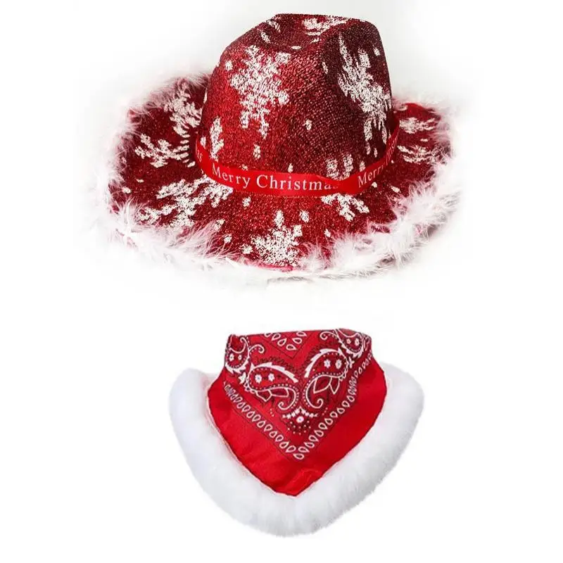 موضة سانتا كلوز حفلة عيد الميلاد مضيئة قبعة رعاة البقر الغربية الأحمر ورأى القبعات واسعة حافة راعية البقر قبعة الجاز قبعة للنساء الرجال