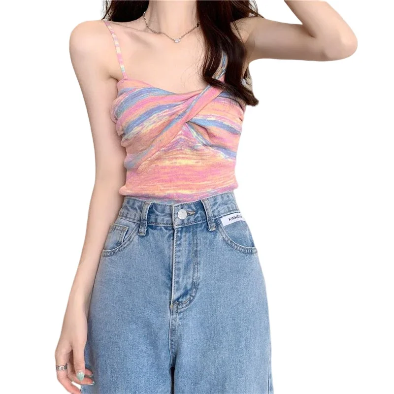 Women's Striped Patchwork Halter T-Shirt Off-Shoulder Slash Neck Camisole Vest Streetwear Sexy Club Sheer Tunic Top