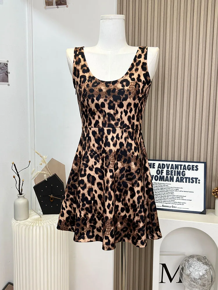 Women Sexy Leopard Print Cami Dress Slim Gyaru Mini Frocks A-Line Summer Design 2000s High Street Trend Vintage One-Piece Y2k