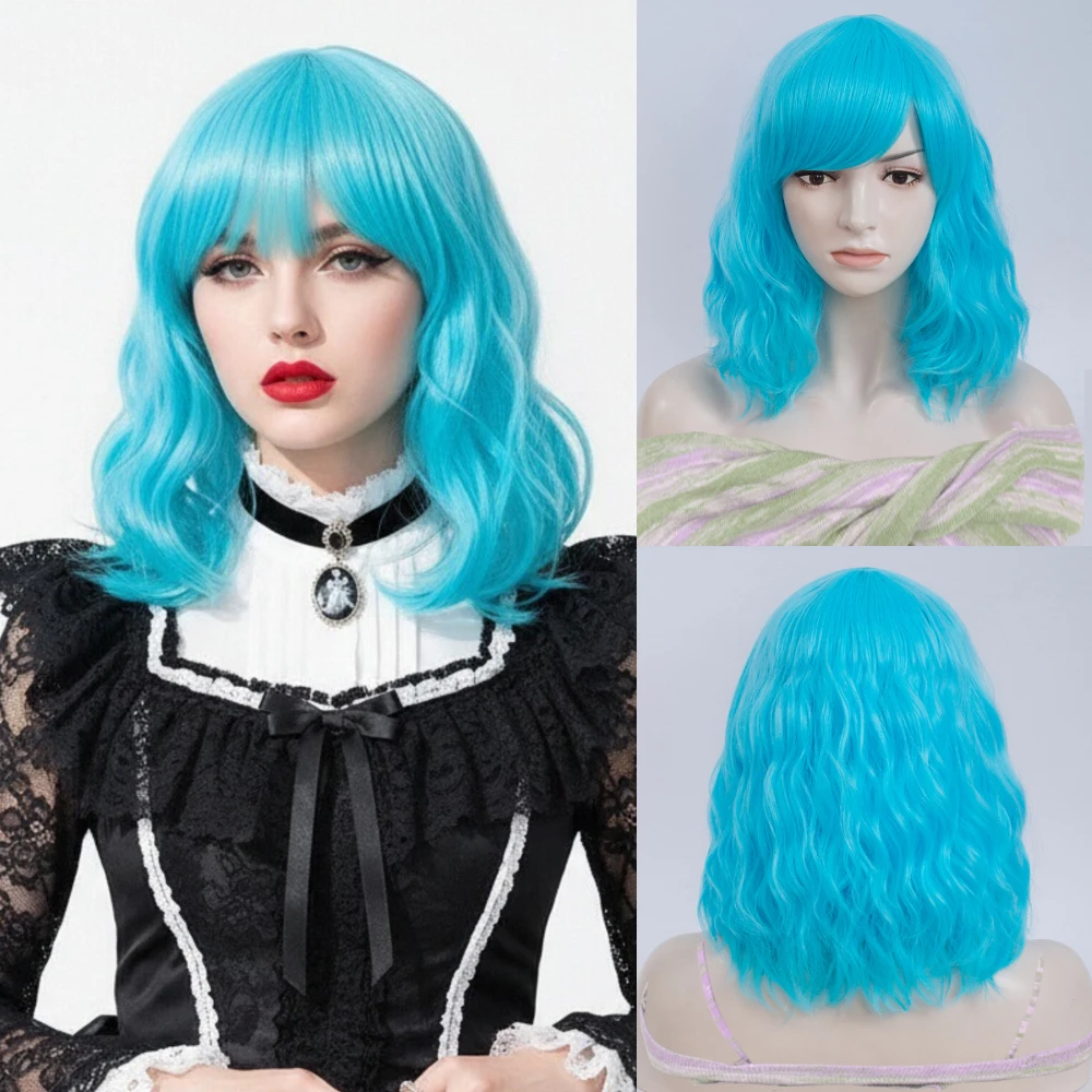 

Cosplay Synthetic Wig Blue Short Wavy With Bang Heat Resistant Fiber for Women Halloween Daily Wear