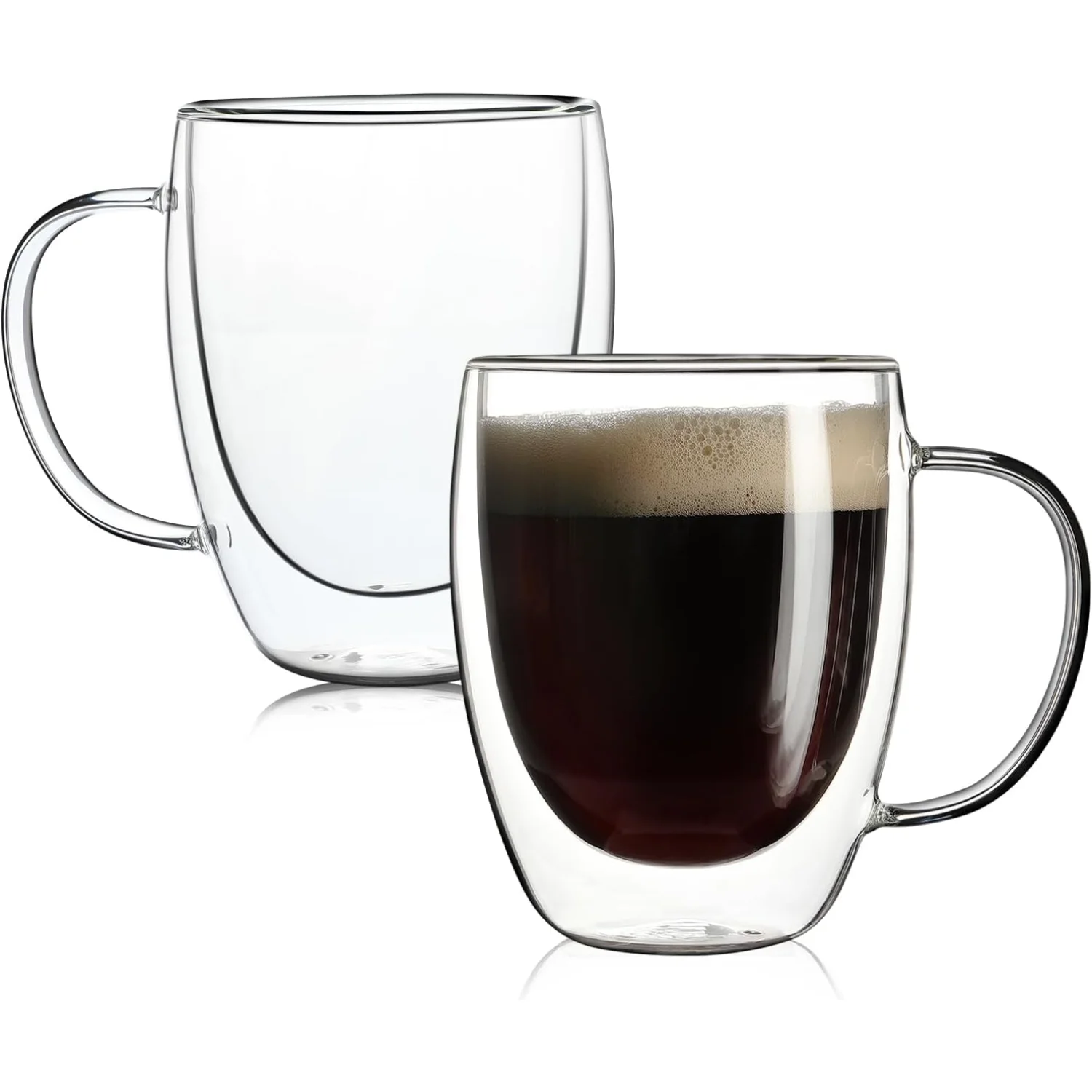 2 Pack Double Walled Glass Coffee Mugs with Handles, Large Insulated Layer Coffee Cups, Clear Borosilicate Mugs, Perfect for Cap