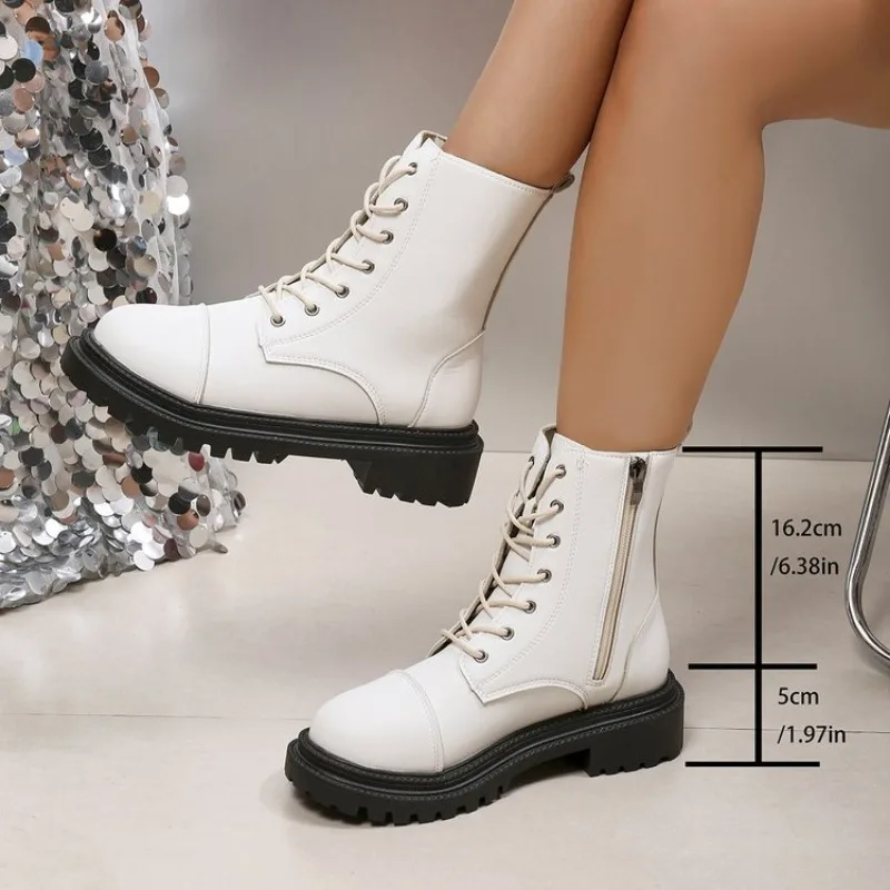 

New Mid Calf Boots Women Autumn Winter Fashion Lace-up Ladies Chelsea Zipper Botas Mujer Boots Sports Platform Heel Ladies Shoes