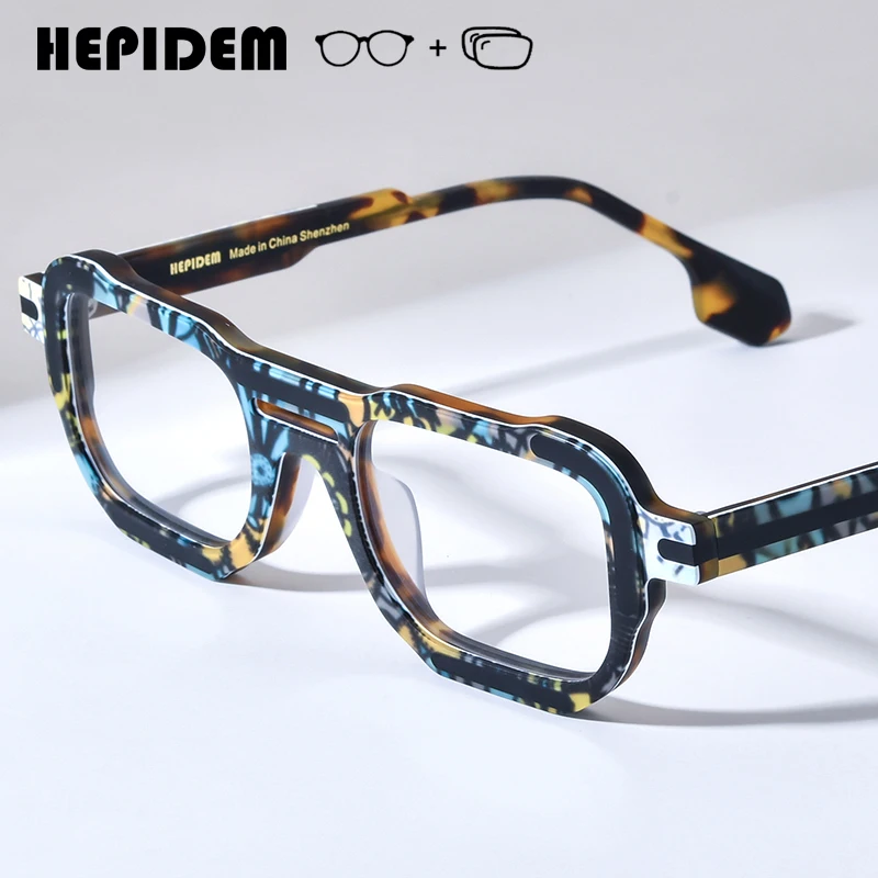 HEPIDEM Progressive Prescription Eyeglasses Anti Blue Photochromic Myopia Optical Lens Eyewear Men Acetate Square Glasses 9405