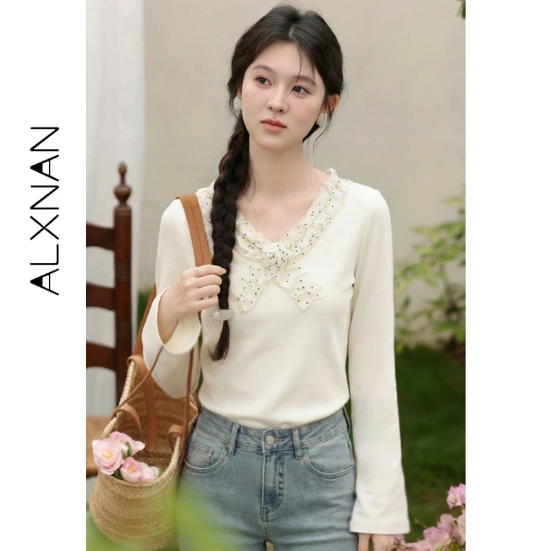 

Футболка с длинным рукавом ALXNAN Oatmeal, новинка весны 2026, с 3D-кружевом, в горошек, с рюшами, V-образным вырезом, короткая, хлопковая, модная, женская, L61517