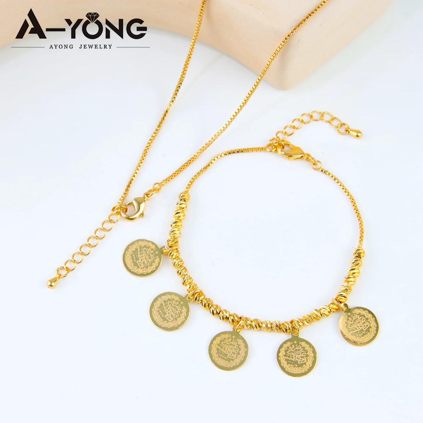 Arabisches Mode-Perlenmünzen-Schmuckset, 21k vergoldet, Dubai Braut-Hochzeits-Halskette und Armband, Habesha Damen Alltagsschmuck – Detail 7