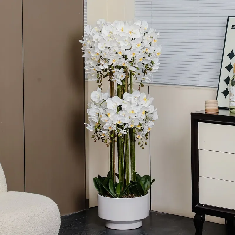 Artificial Phalaenopsis Orchid Potted Plant PU Fake Flower Arrangement Home Office Desk Decor Modern Minimalist Style