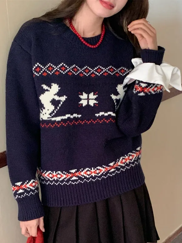 Retro Nordic Sle Long Sve Knitted Sweater Women's Ski Person round Ne Knitwear Autumn Winter Faion Classy Top