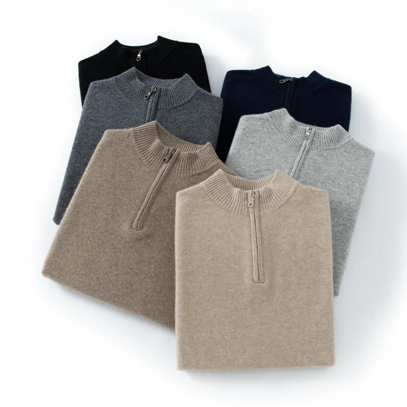 CHICUU Men's 100% Cashmere Sweater Zipper Pullover Mock Neck Long Sleeve Basic Cashmere Knitwear Autumn Winter Clothing Tops
