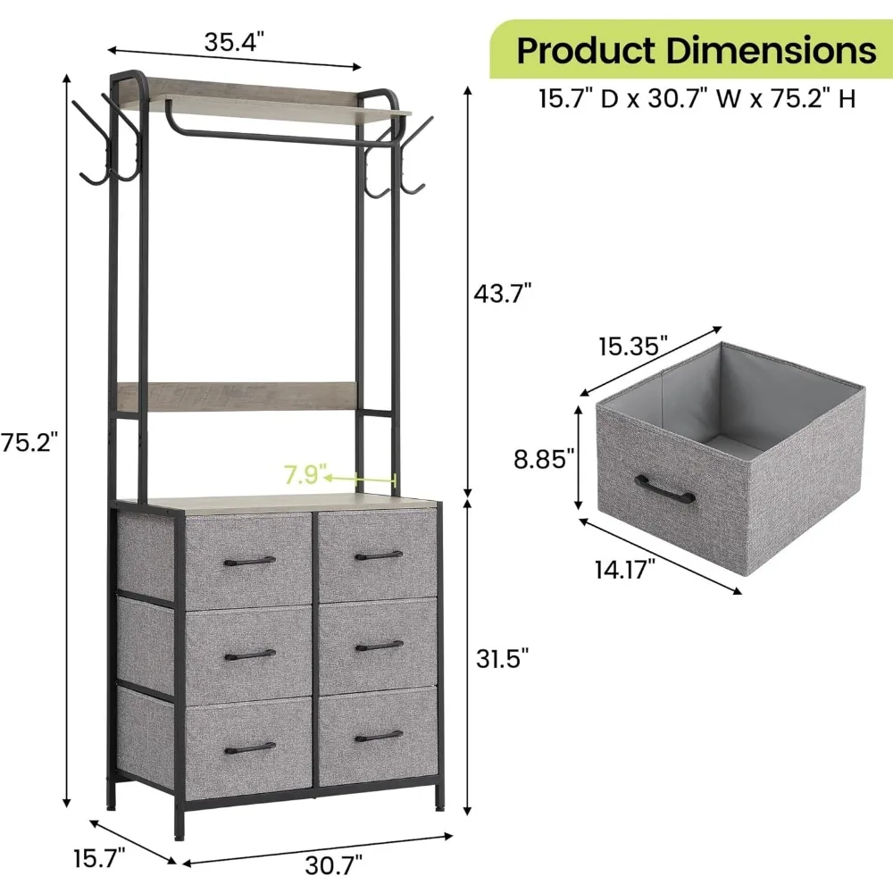 Porta abiti con cassetti, porta abiti resistente con 6 cassetti, piano in legno e struttura in metallo