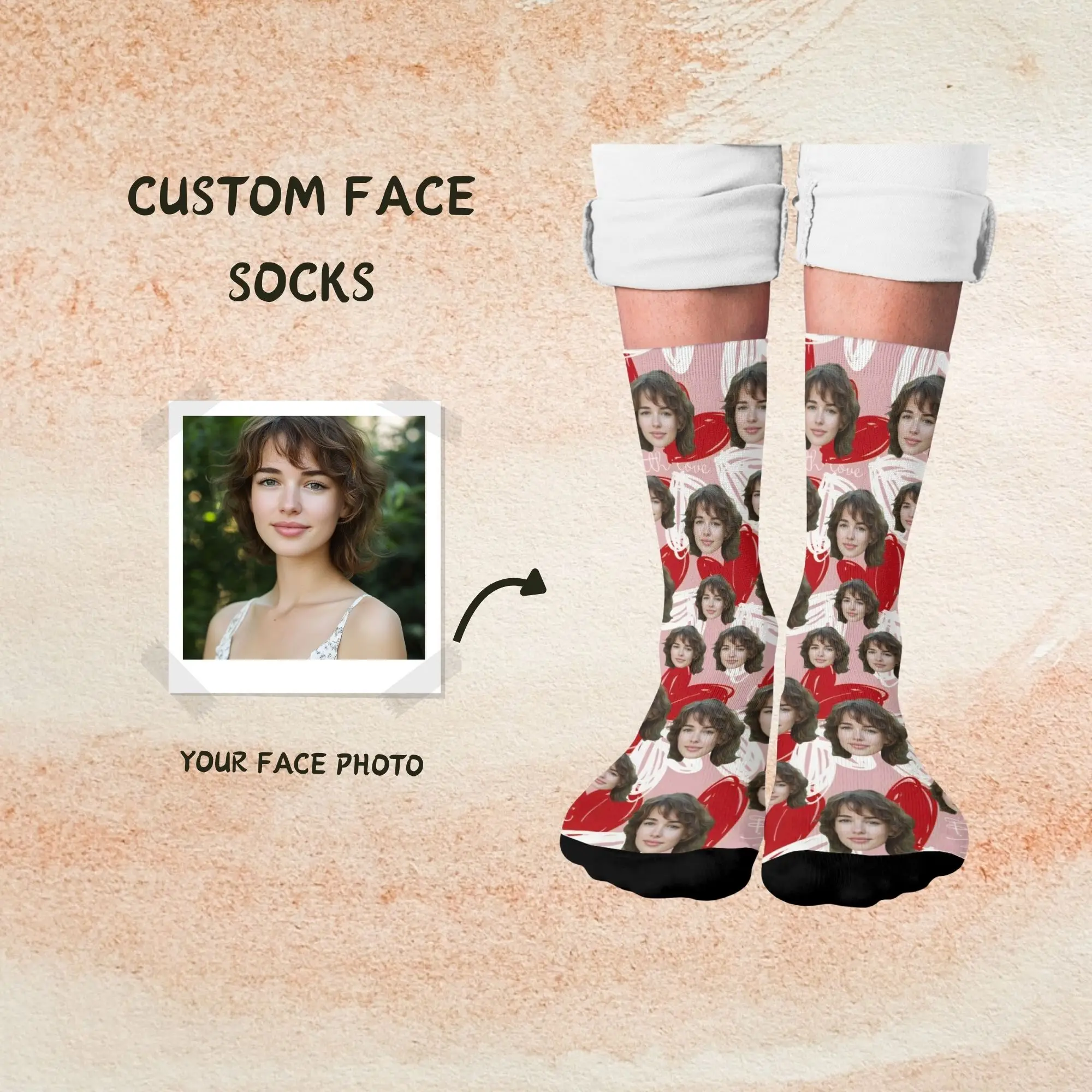 

Pink Heart & Custom Face Socks Romantic Sweet Personalized Print with Red Heart Cute Memory Gift for Love Anniversary Expression