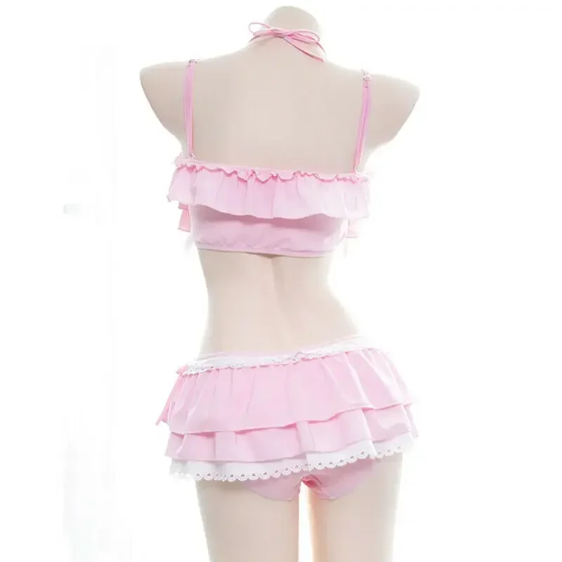 Cute Girls Lolita Ruffle Bikini Sukumizu Cosplay Pink And Black Color Swimsuit Hollowed Multilayer Hem Biquini Women Swimwear Q