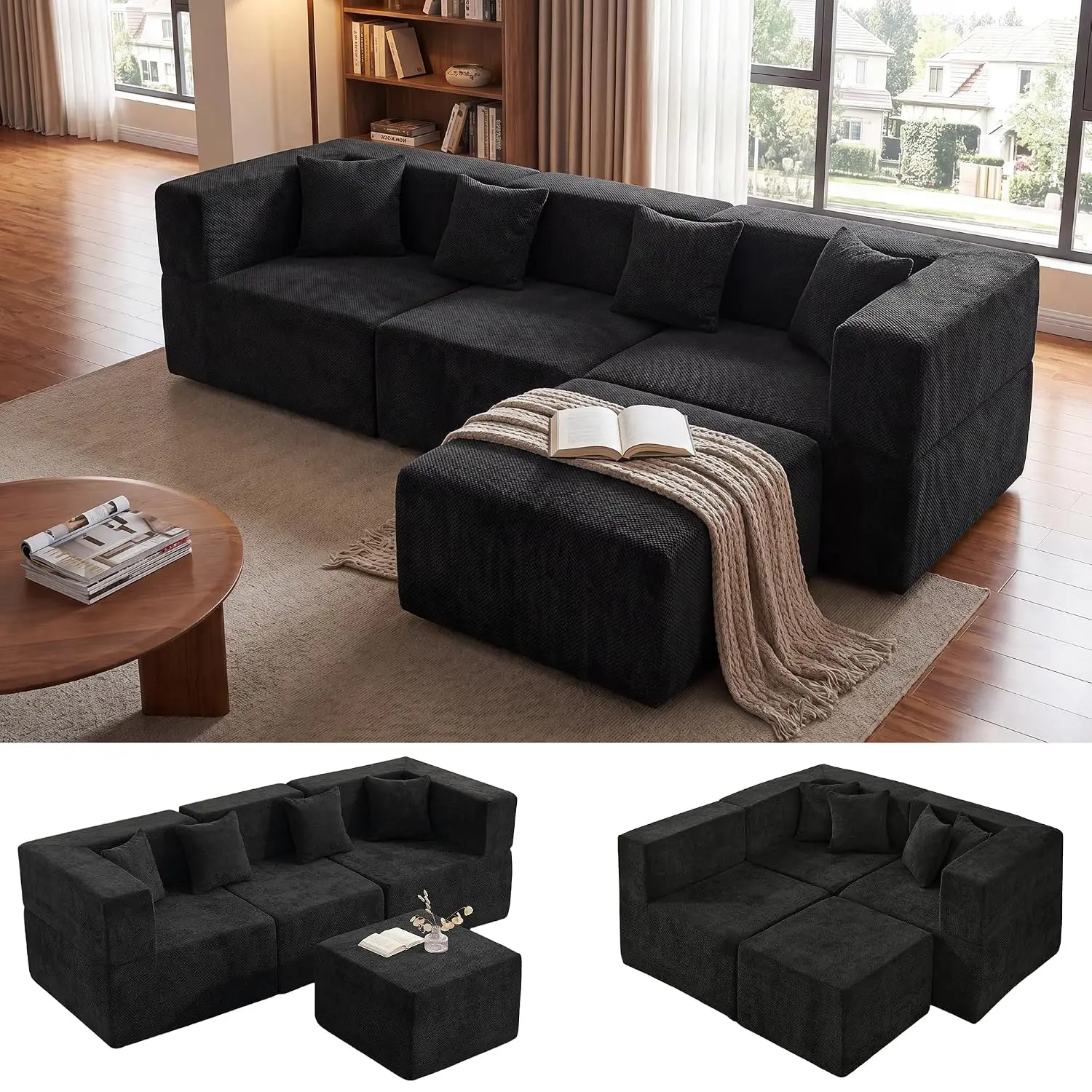 103'' Oversized Boneless Sectional Couches for Living Room, 4-Seat L Shaped Cloud Couch, Modular Sofa with Ottoman, Customized