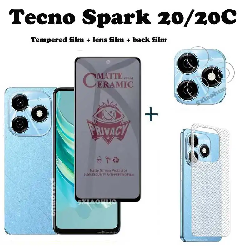 3-в-1 для Tecno Spark 20 антишпионская конфиденциальность закаленное стекло мягкая пленка для Tecno Spark 20C защита экрана + пленка для объектива + задняя пленка