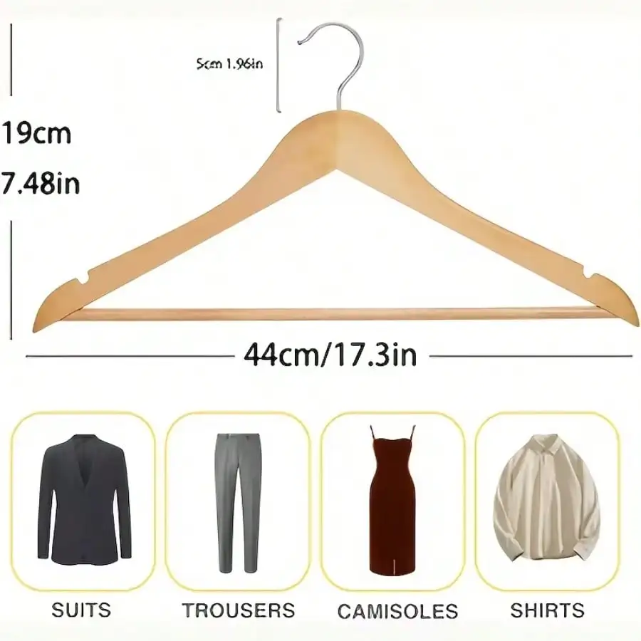 QNRXEB 30/20/10 Premium Natural Wooden Clothes Hangers, Polished Smooth Surface With Anti-Slip Grooves, Sturdy Durable Garment Hanger Pack For Wardrobe Organizing And Daily Clothes Hanging, Suitable For All Adult And Children Outfits view 3