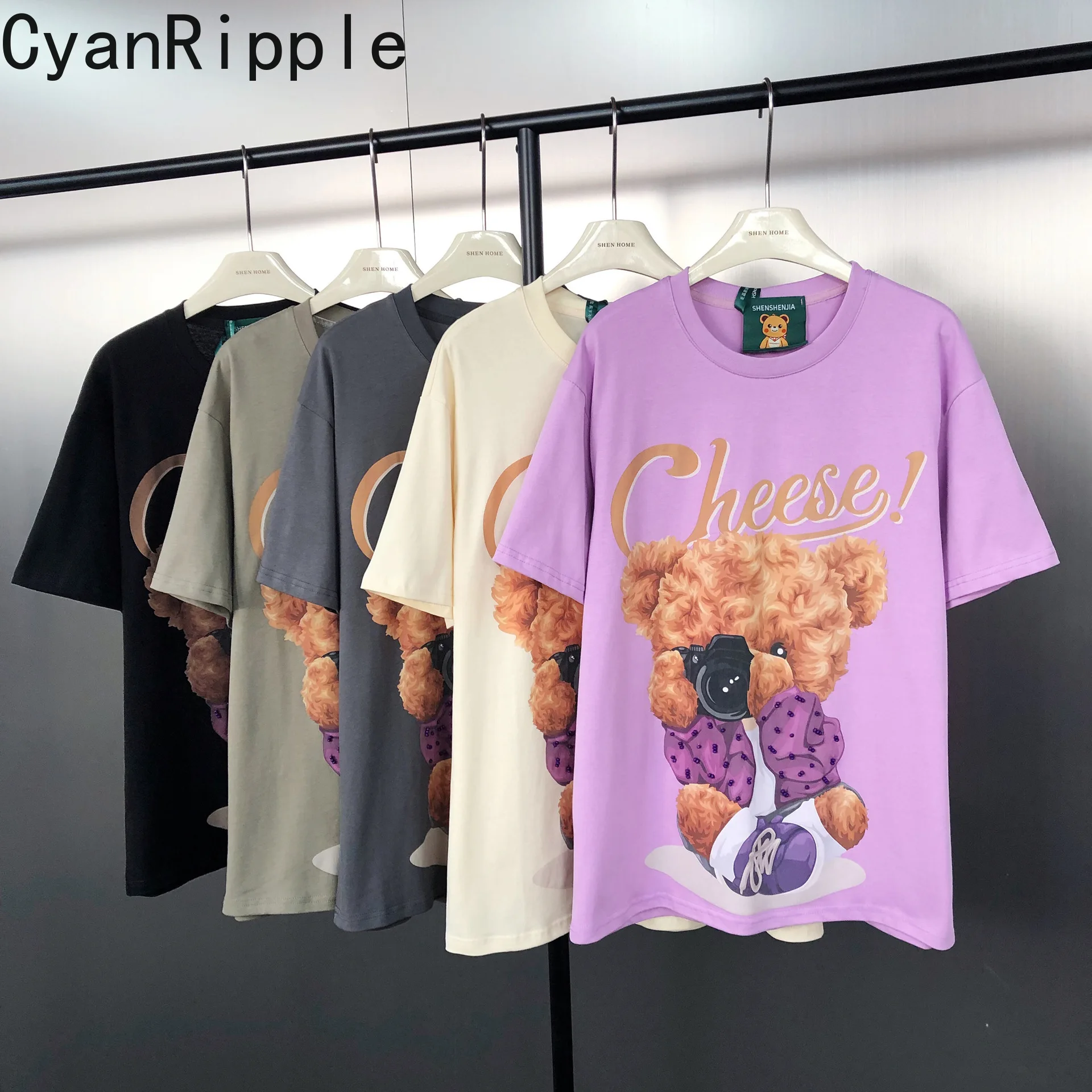 

American Street Female Short Sleeve Tees New Spring Summer Round Neck Pullover Top Beads Cute Bear Printed Mid-long Casual Tees