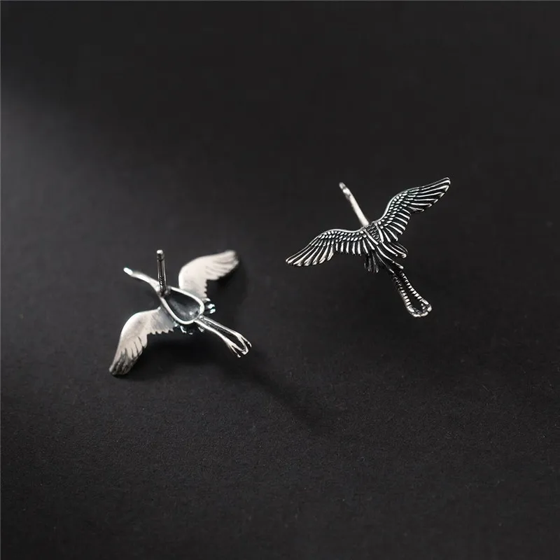 925 Sterling Silver Vintage Art Fashion Flying Crane Birds Thai Silver Stud Earrings For Women Girl Pendientes TYB160