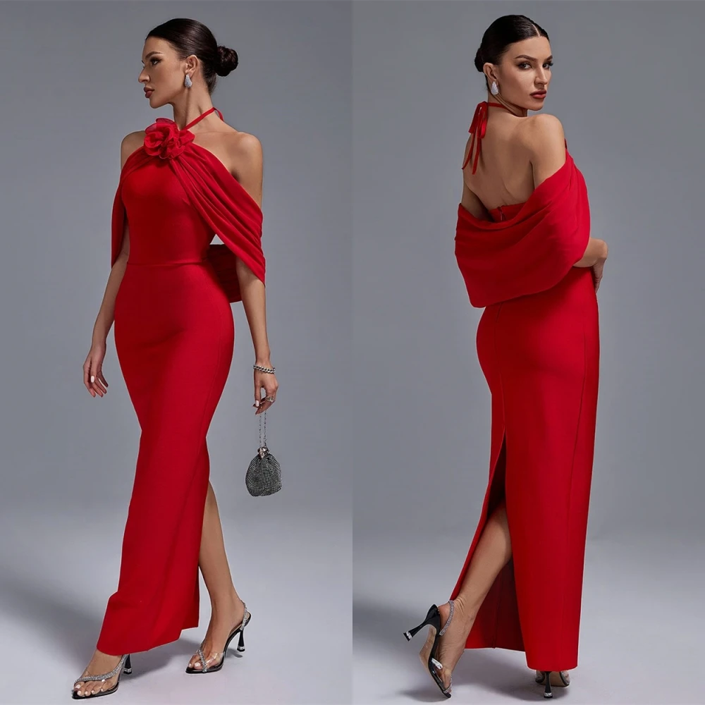 Robe de soirée en Satin rouge, personnalisée, exquise, épaules dénudées, sans manches, robes de célébrité, mode fête de mariée