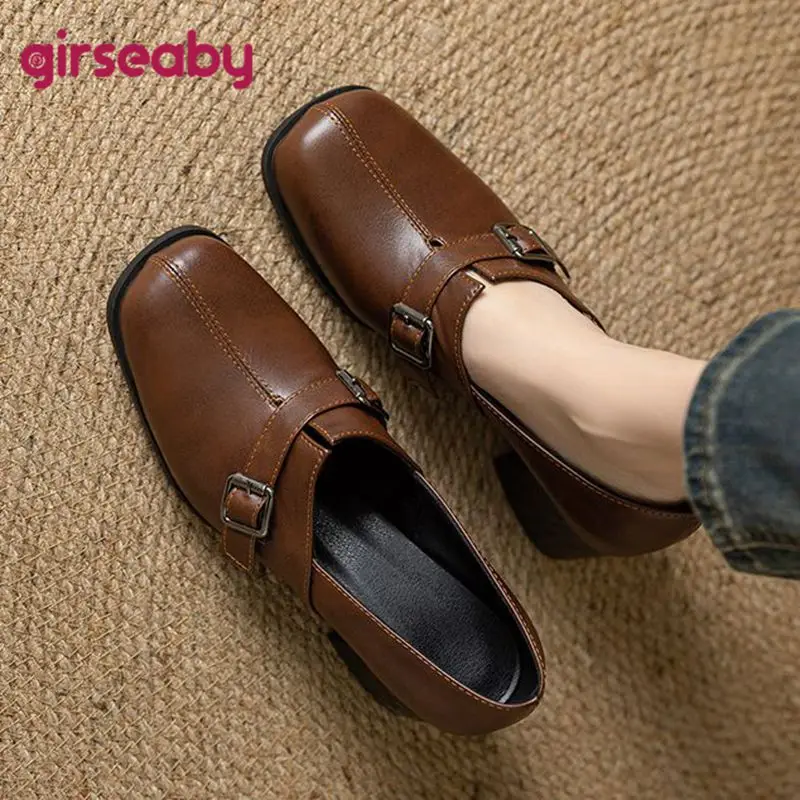 Girseaby Vintage Women Pumps Square Toe Block Heels Slip On Belt Buckle Plus Size 45 46 47 Soft Fashion New Design Summer Shoes
