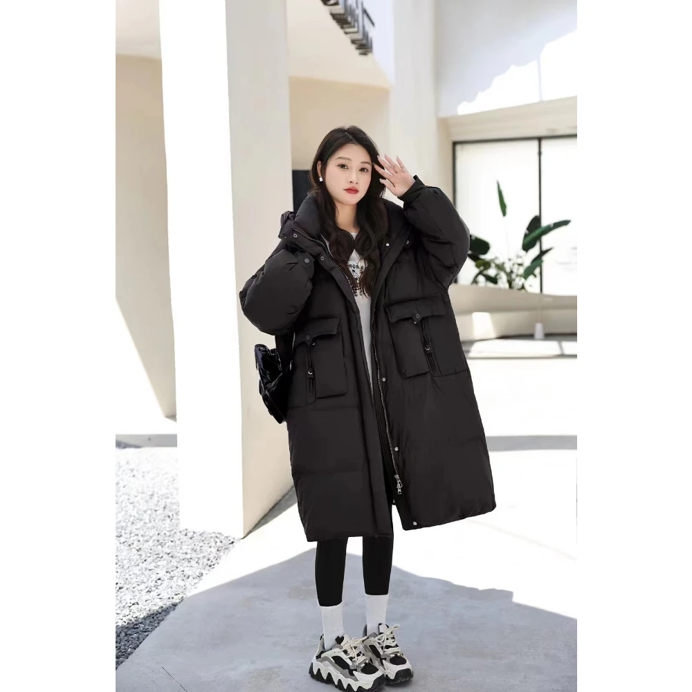 Long Hooded Duck Down Coat for Women, Thick Warm Parkas, European Style, High-end Fashion, White, New, Winter