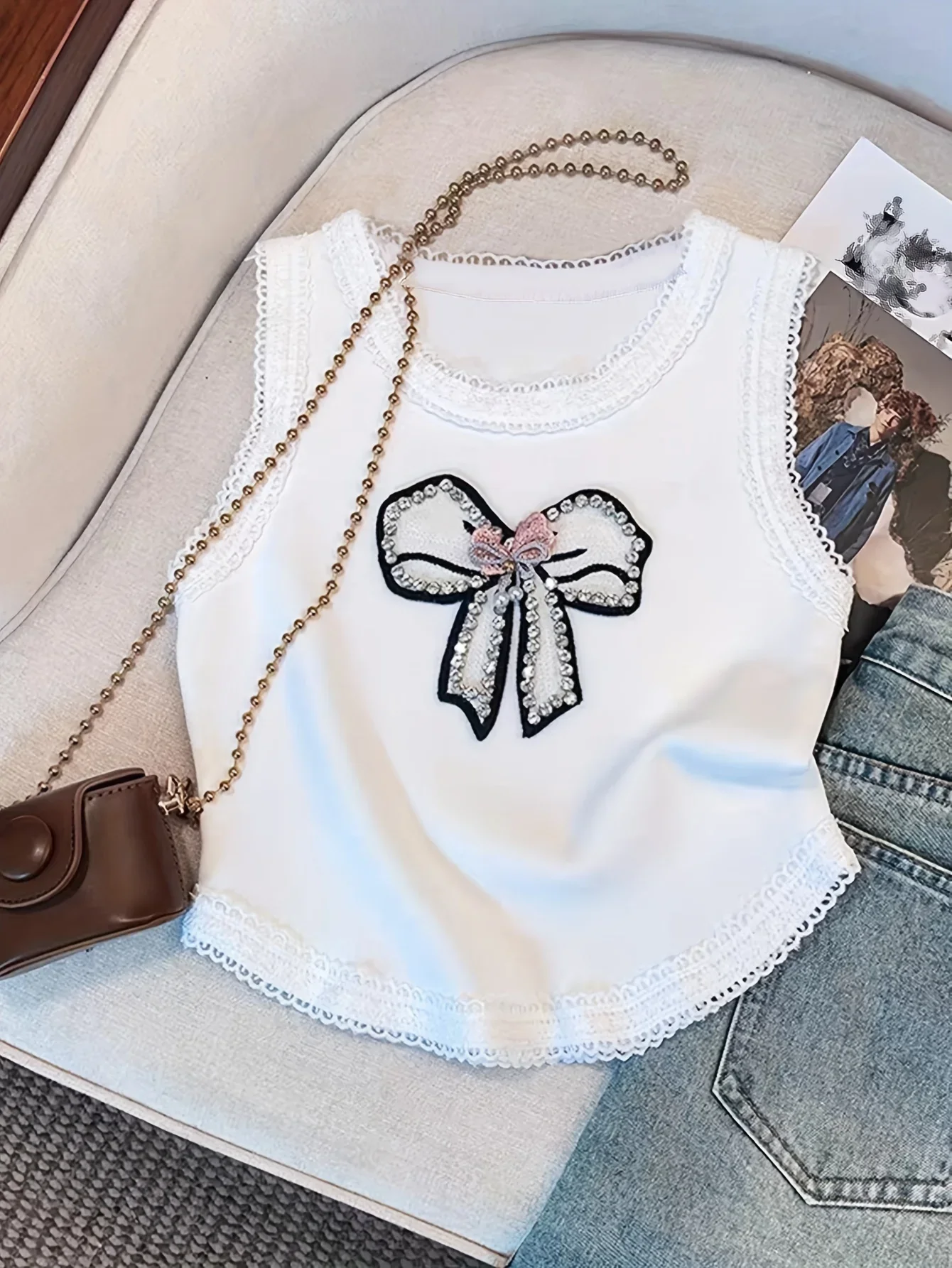 2024 New Beading Contrast Lace Rhinestone Bow Print Tank Top Elastic Casual Sleeveless Crew Neck Top Women's Clothing