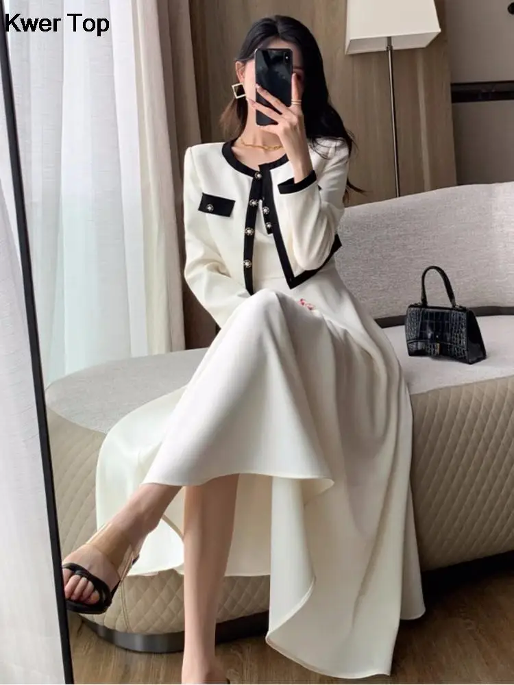 Elegant Solid Midi Dress 2 Piece Set Office Lady Chic Suit Spring Short Jacket Sleveless A-line Dresses Outfits Korean Clothes