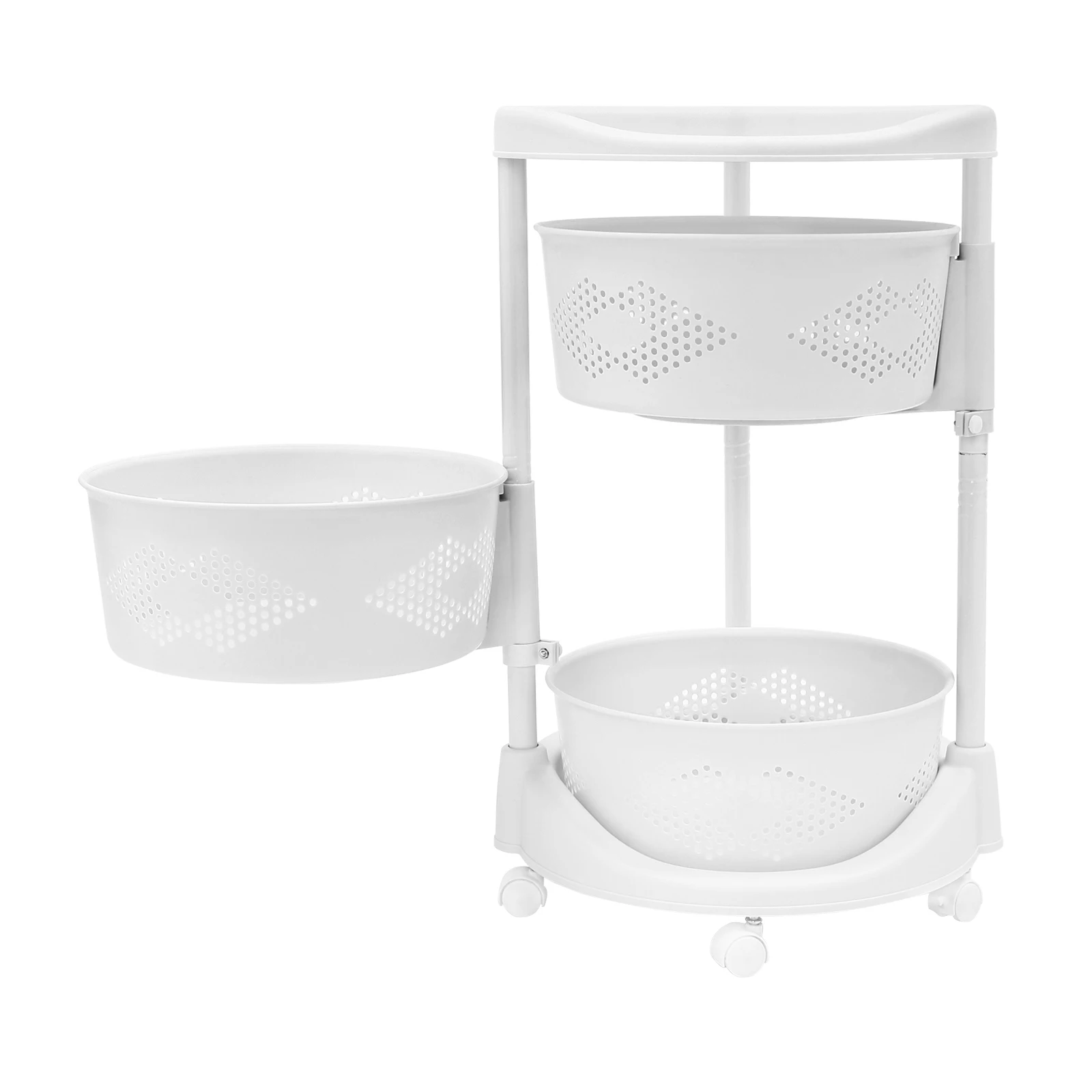 3 Layers PP Kitchen Rotating Storage Rack with Wheels  Freestanding Rolling Storage Cart White