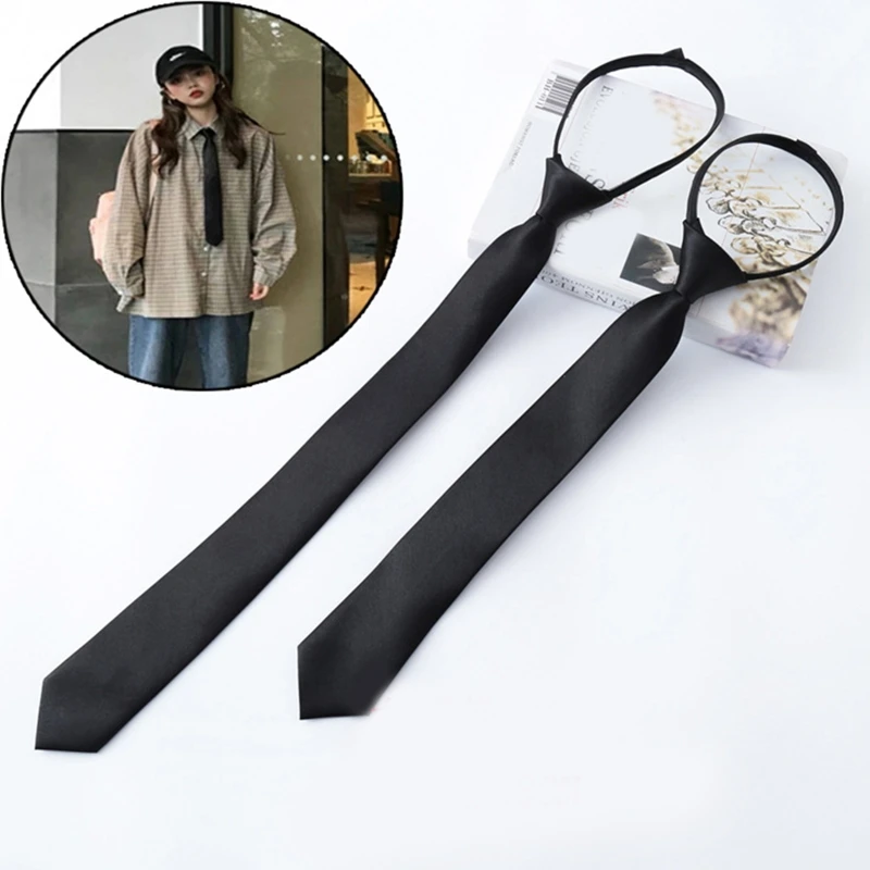 Cravatta nera da uomo donna stile preppy coreano con cerniera regolabile cravatta stretta pre-annodata in unita per X4YC