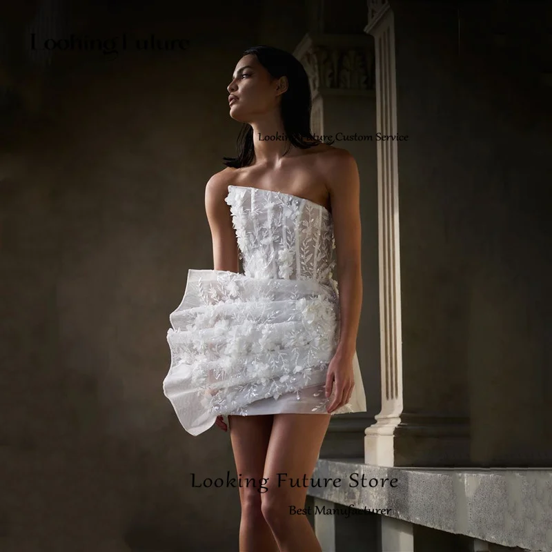 Requintado tule mini apliques vestido de casamento moderno sem alças plissado bordado vestido de noiva sexy aberto volta com zíper customizd