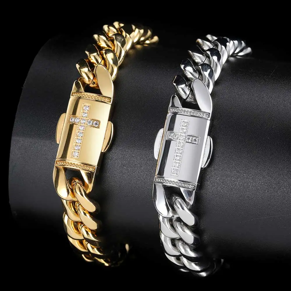 12mm Hip Hop Rapper Rock Cross Clasp Cuban Chain Fashion Jewelry Stainless Steel  Bracelet For Men