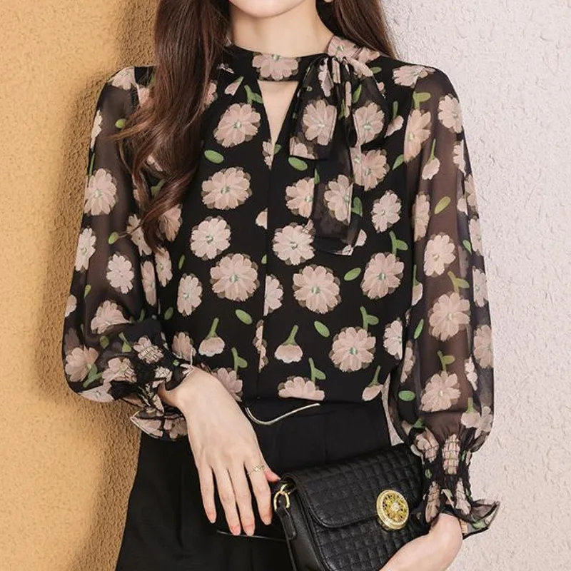 Floral Long Sleeve Chiffon Shirt Tops Spring Summer New Hollow Out Lacing Loose Temperament Blouse Fashion Elegant Women Clothes