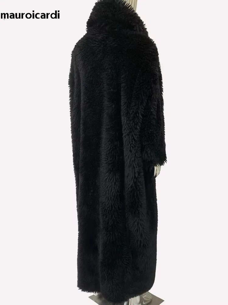 Mauroicardi Winter Oversized Thick Warm Soft Black Shaggy Maxi Faux Fur Coat Women Loose Casual Floor Length Furry Overcoat 2024