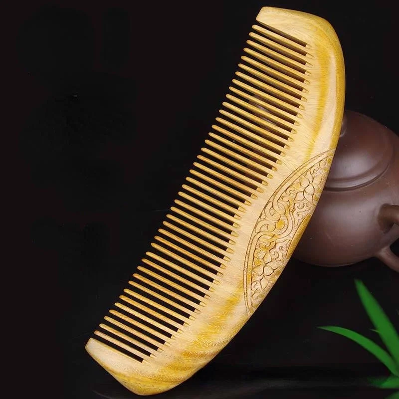 Green Sandalwood Hair Comb Handmade Fine Toothed Wooden Comb Large Moon Shaped Comb for Long Short Curly Straight Hair