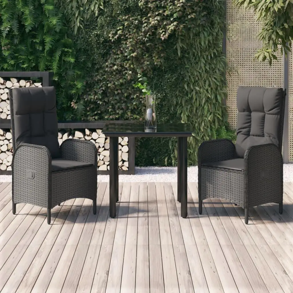 

3-Piece Black Poly Rattan Patio Dining Set with Cushions - Stylish Outdoor Furniture