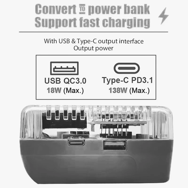 Adapter wyświetlacza cyfrowego Dwukierunkowe ładowanie i rozładowywanie Konwerter ładowarki akumulatora 140W PD3.1 do akumulatora DeWalt 18VLi-Ion — zdjęcie produktu 3